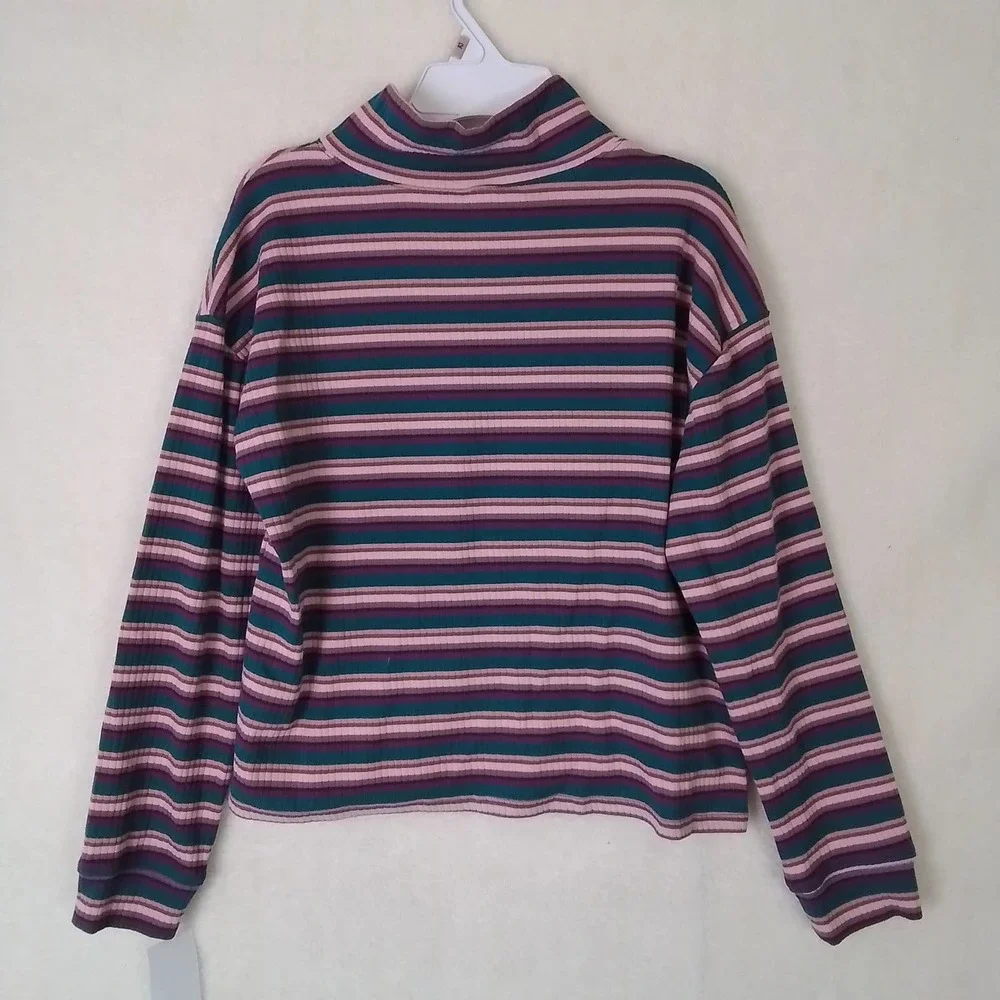 OshKosh High Waist Mock Neck Ribbed Top Size 12 Pink, Tan,‎ Teal Stripes